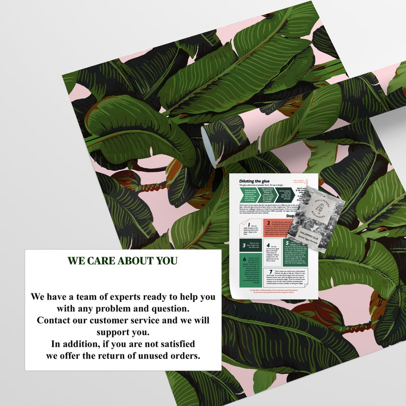 May include: A pink and green tropical leaf patterned wallpaper roll with instructions for diluting glue. The text on the roll reads "We care about you. We have a team of experts ready to help you with any problem and question. Contact our customer service and we will support you. In addition, if you are not satisfied we offer the return of unused orders."