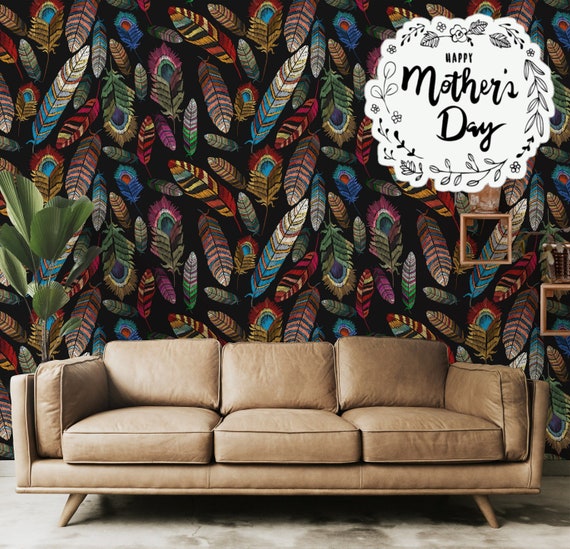 Black Feathers Wallpaper, Feather Boho Plumage Wall Decor