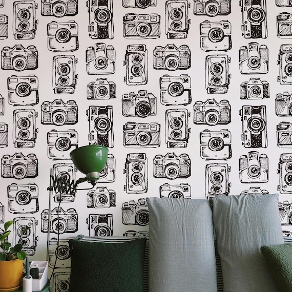 Retro Cameras Wall Art, Vintage Wallpaper, Black and White Tape Camera Decor for Photography Fans, Home Office
