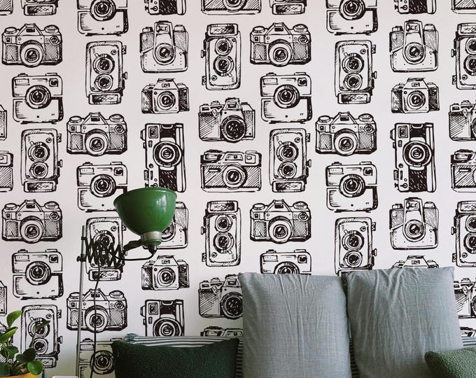 Retro Cameras Wall Art, Vintage Wallpaper, Black and White Tape Camera Decor for Photography Fans, Home Office