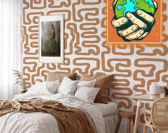 Holen Sie sich stilvoll verloren mit dieser wunderschönen beige und weißen abstrakten Labyrinth-Tapete - perfekt für einen schicken und modernen Look in Ihrem Zuhause!