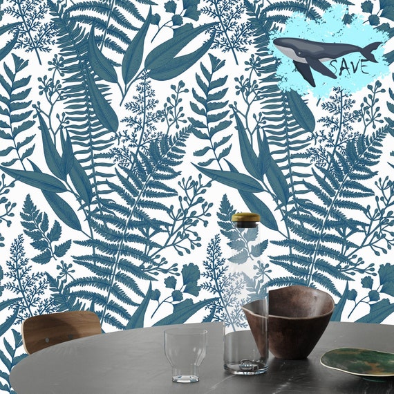 Botanical Print Fern Wallpaper, Blue and White Bohemian Home Decor for Kids Room
