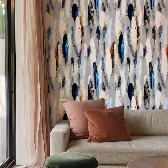 Feathers Plumage Wallpaper Grey White, Temporary Wall Art for Modern Decor, Peel and Stick, Removable Home Accent