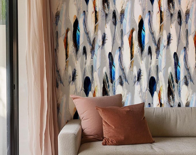 Feathers Plumage Wallpaper Grey White, Temporary Wall Art for Modern Decor, Peel and Stick, Removable Home Accent