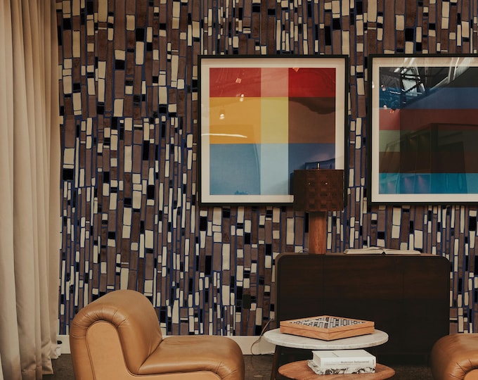 Abstract Mosaic Wallpaper – Brown Blue Geometric Vertical Pattern, Modern Masculine Living Room & Office Wall Decor