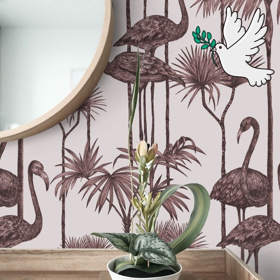 Flamingos Bird Wallpaper for Danish Pastel Room Decor, Chinoiserie Art Vintage Dramatic Burgundy Wall Decor