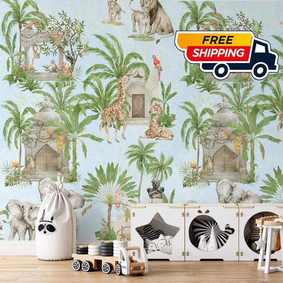 Safari Wallpaper with Wild Animal, Baby room nursery African Forest Wall Decoration, Exotic Animals Wall Art