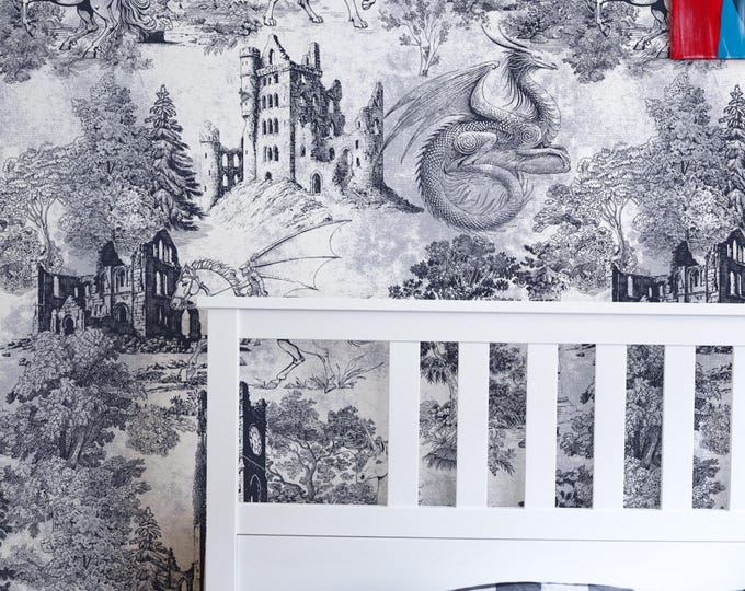 Dragon Fantasy Blue Wallpaper – Medieval Castle Toile de Jouy with Unicorns and Castles, Whimsical Wall Decor for Kids & Adults