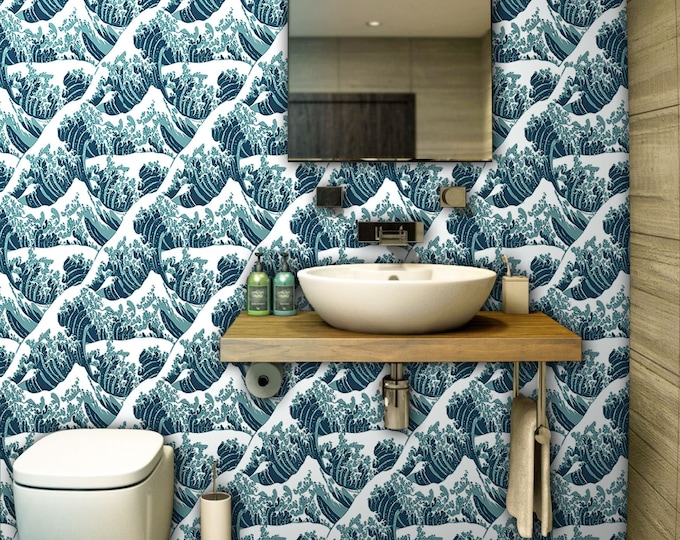 Japanese Wave Wallpaper | Hokusai Great Wave Kanagawa | Blue Ocean Bathroom Decor