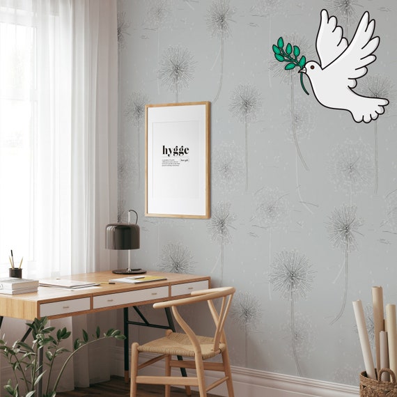 Dandelion Wallpaper for Pastel Room Decor, Light Grey Pearl Floral Wall Art with Dandelions Seed