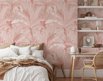Add a Touch of Tropical Charm with this Pink Banana Leaf Wallpaper - Perfect for a Stylish and Feminine Look!