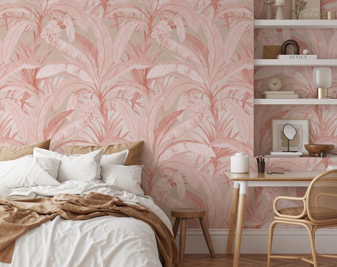 Add a Touch of Tropical Charm with this Pink Banana Leaf Wallpaper - Perfect for a Stylish and Feminine Look!
