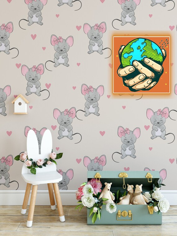 Little Mouse Pink watercolor Nursery wallpaper, Cute Mouses wall decor in Pastel Palette