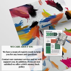 May include: A colorful abstract painting with a white background. The painting features a variety of colors, including red, orange, yellow, green, blue, and black. The paint is applied in a thick, textured style, creating a sense of movement and energy. The text "WE CARE ABOUT YOU" is written in black letters on a white background. The text below reads "We have a team of experts ready to help you for any issues and questions. Contact our customer service and we will support you. In addition, if you are not satisfied we offer a 100% money back policy."