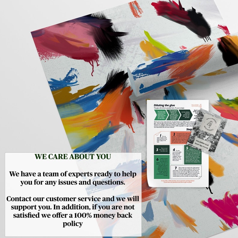 May include: A colorful abstract painting with a white background. The painting features a variety of colors, including red, orange, yellow, green, blue, and black. The paint is applied in a thick, textured style, creating a sense of movement and energy. The text "WE CARE ABOUT YOU" is written in black letters on a white background. The text below reads "We have a team of experts ready to help you for any issues and questions. Contact our customer service and we will support you. In addition, if you are not satisfied we offer a 100% money back policy."