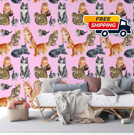 Pink Cat Wallpaper for Kids Room, Watercolor Cats Nursery Art for Accent Wall