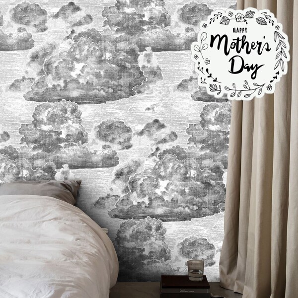 Dreamy Clouds - Handcrafted Etching Wallpaper in Gray and White, Vintage Cloud Wallpaper