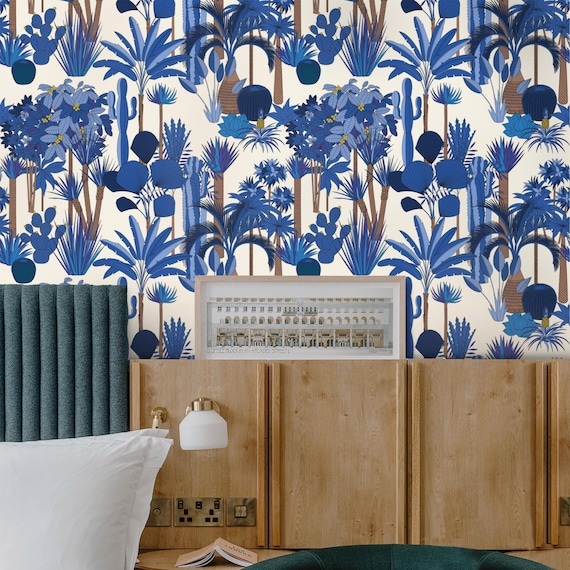 Desert Oasis Wallpaper | Eco-Friendly Blue Botanical Jungle with Palm Trees & Cactus | Removable Decor for Your Home