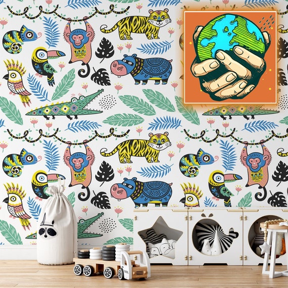 Jungle Wallpaper for nursery Decor, Safari Wall Art for Kids Room