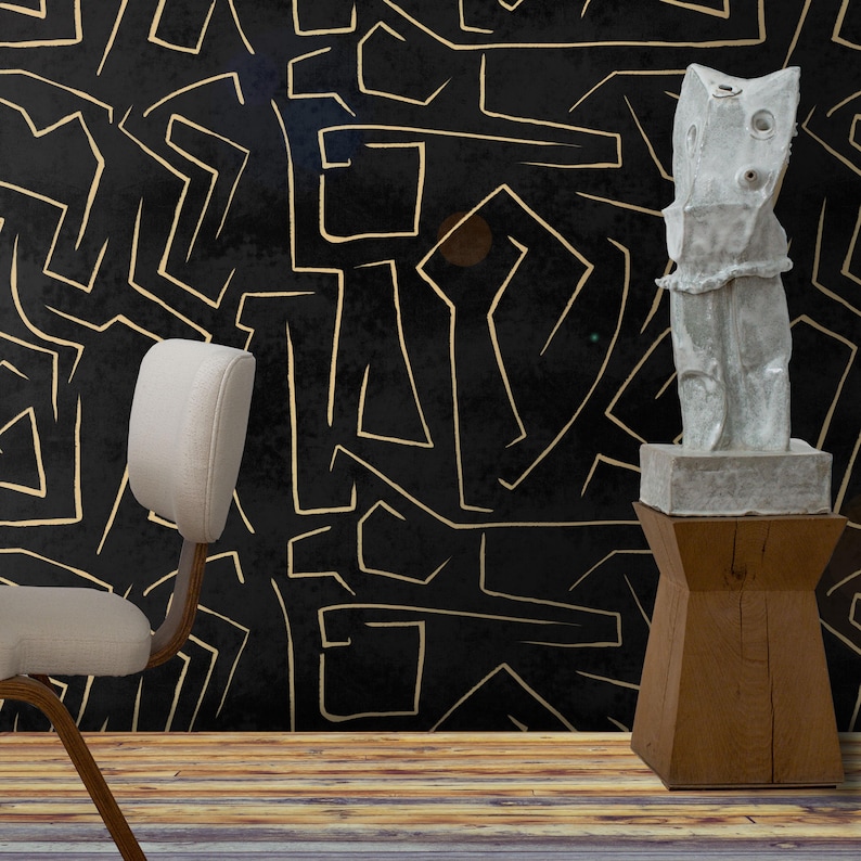 Black and Gold Abstract Wallpaper, Ethnic Graffiti Art, Luxury Primitive Wall Decor, Modern Statement Wallpaper image 4