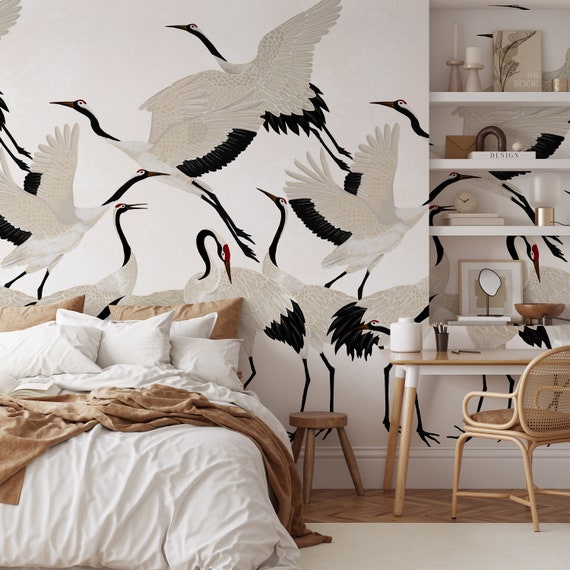 White Heron Print Wallpaper, Crane Wallpaper, Removable Wallpaper, Elegant Crane Dance Wallpaper, Graceful Bird Design