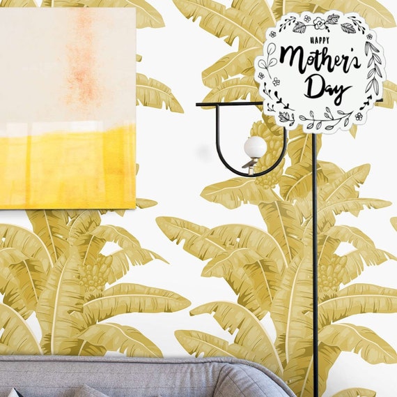 Tropical Palm Leaf Wallpaper in Yellow and White Background , Banana Leaves Decor Accent Feature Wall