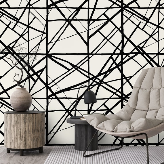 Abstract Lines Minimal Wallpaper, Geometric Icon Wall Mural, Geometric Stripes Modern Home Decor