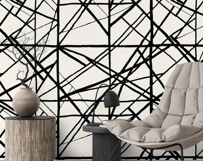 Abstract Lines Minimal Wallpaper, Geometric Icon Wall Mural, Geometric Stripes Modern Home Decor