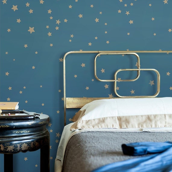 Blue and Gold Stars Wallpaper, Baby Nursery Golden Star Wall Decor with soft color palette.