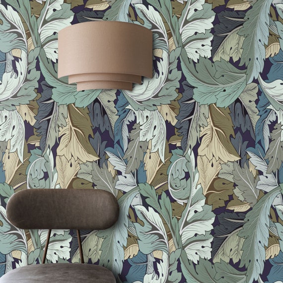 Art Nouveau Victorian Wallpaper with Floral Damask for Wall Decore, Blue and Green Foliage Pattern for a Accent Wall