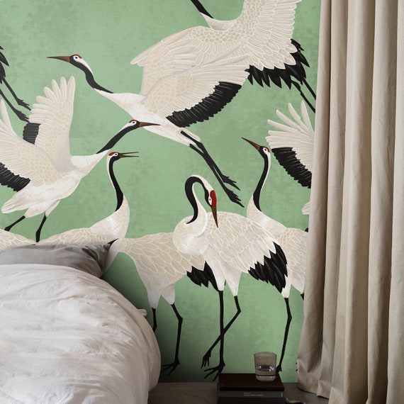 Green Heron Print Wallpaper, Crane Wallpaper, Removable Wallpaper, Elegant Crane Dance Wallpaper, Graceful Bird Design