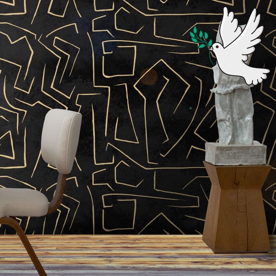 Graffiti Wallpaper in Black and Gold, Modern abstract art Lines Wall Art