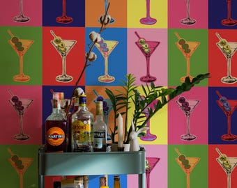 Martini Glasses Pop Art Wallpaper - Fluo Modern Kitchen Wall Art Decor for Vibrant Living Spaces