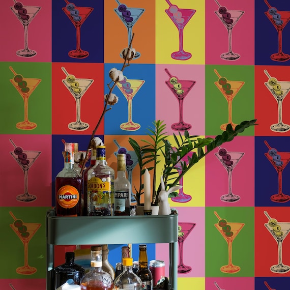 Martini Glasses Pop Art Wallpaper - Fluo Modern Kitchen Wall Art Decor for Vibrant Living Spaces
