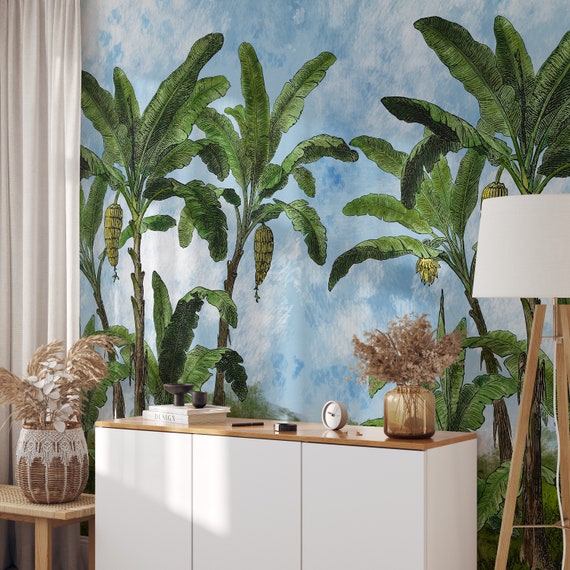 Vintage Jungle wallpaper, Tropical Landscape wallpaper, Large wall art for Tropical decor.