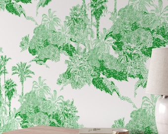 Tropical Landscape Toile wallpaper in Green and White,  Palm Tree Modern Beach House Decor, Toile Removable Wallpaper