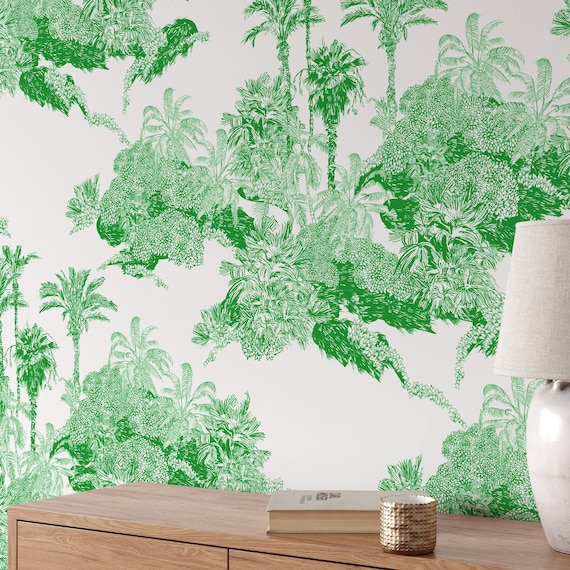 Tropical Landscape Toile wallpaper in Green and White,  Palm Tree Modern Beach House Decor, Toile Removable Wallpaper