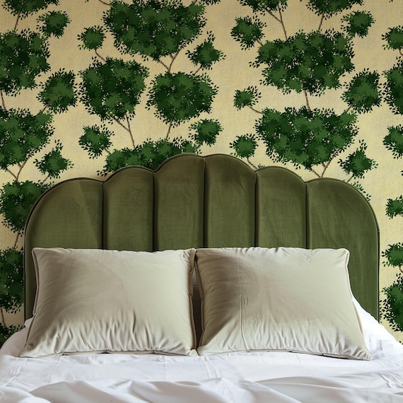 Green Botanical Tree Wallpaper, Grasscloth Forest Wall Decor, Relaxing Foliage Art, Verdant Canopy Nature Wallcovering