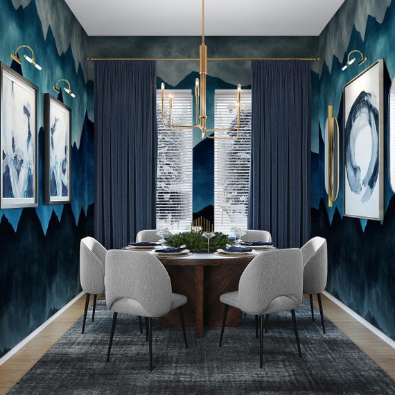Extra Large Mountain Mural, Pastel Blue Ombre Abstract Wallpaper, Ocean Blue Watercolor Wall Decor