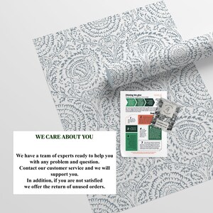 May include: A white and blue patterned wallpaper roll with a text overlay that reads "We care about you. We have a team of experts ready to help you with any problem and question. Contact our customer service and we will support you. In addition, if you are not satisfied we offer the return of unused orders."