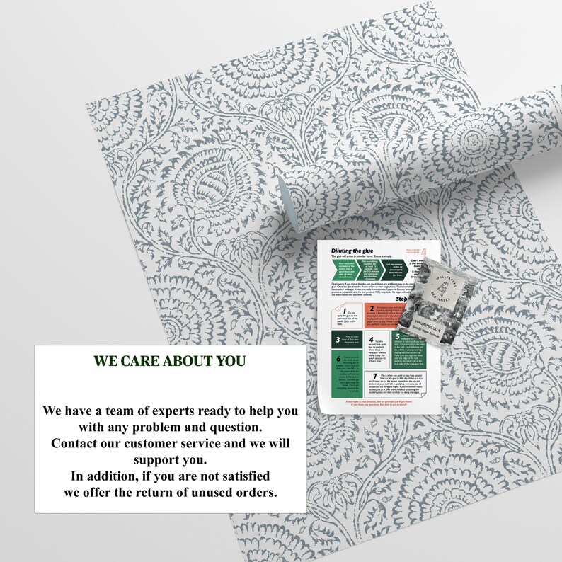 May include: A white and blue patterned wallpaper roll with a text overlay that reads "We care about you. We have a team of experts ready to help you with any problem and question. Contact our customer service and we will support you. In addition, if you are not satisfied we offer the return of unused orders."