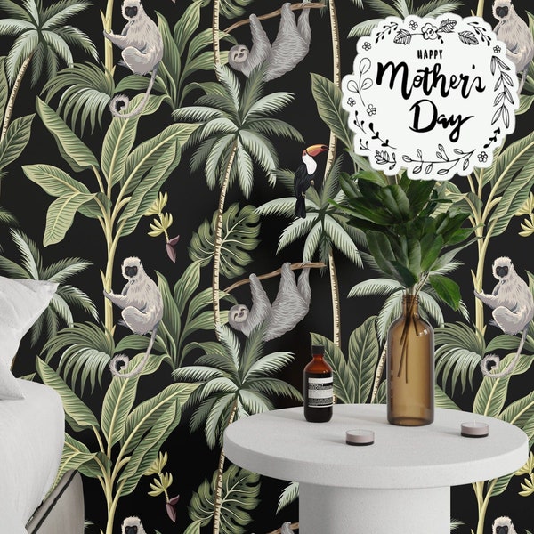 Tropical Jungle Wallpaper with Monkeys and Parrots, Rainforest Animals Accent wall Tropical Decor