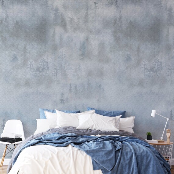 Extra Large Misty Watercolor Pine Forest Wallpaper, Grayish Navy Trees Decor & Nordic Mountain Pattern