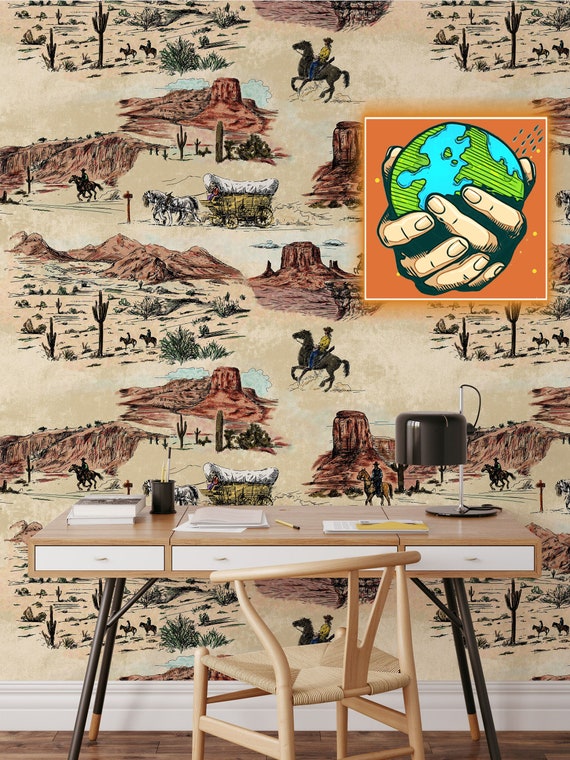 Western Wallpaper with Vintage Cowboy and Horses, Wild West Aesthetic Vintage Wallpaper, Desert Wall Decor,  Rustic Easy-Install Wallpaper