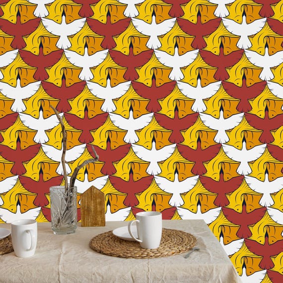 Fishes and Birds Seamless Pattern Wallpaper, Modern Artistic Wall Covering for Minimalist Home Decor & Interiors