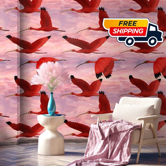Scarlet Ibis Bird Wallpaper at Sunset, Tropical birds Indie room decor, dramatic wall covering