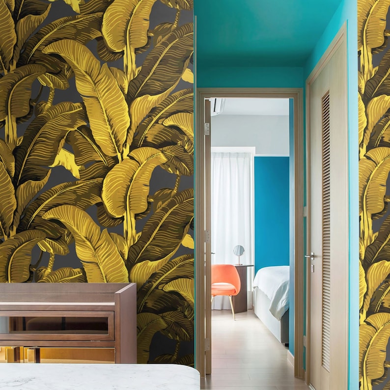 Gold Banana Leaf Wallpaper on Dark Gray Background for | Etsy