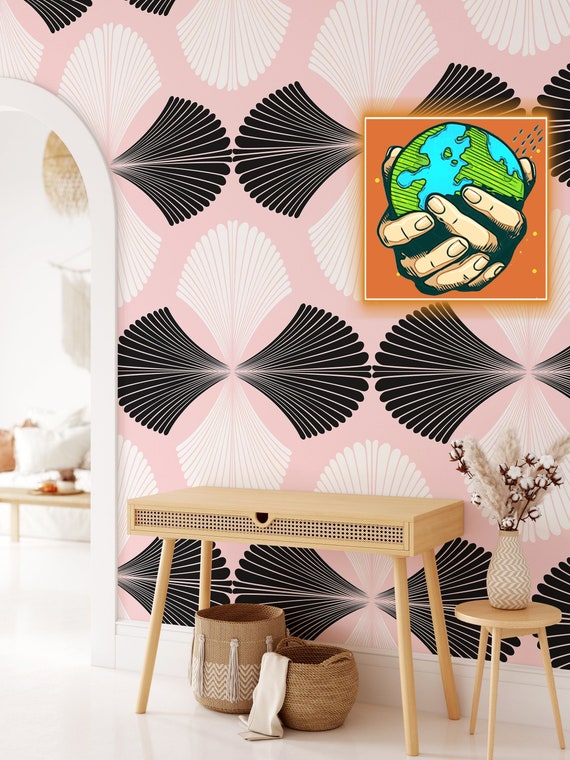 Pink and White Folding Fan Art Deco Wallpaper, Geometric Pattern Mid Century Art Noveau Wall Decor