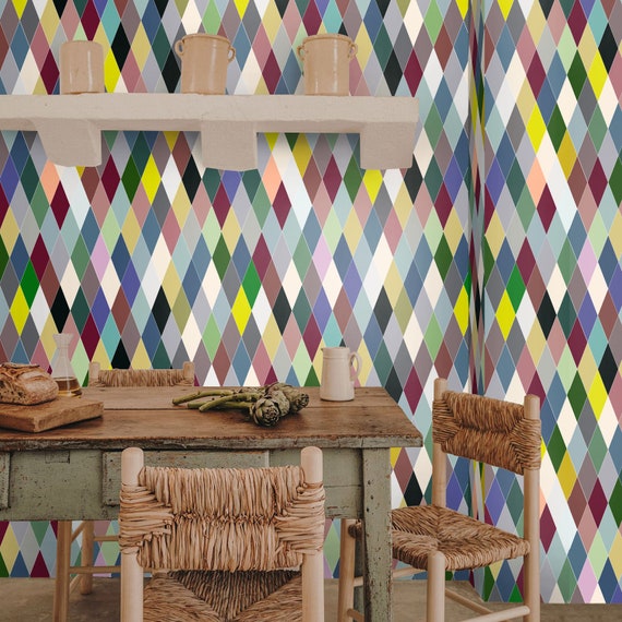 Mid Century Harlequin Wallpaper, Art Deco Geometric Prisms Wall Decor, Vintage Home Design, Colorful Wall Art, Retro Decor