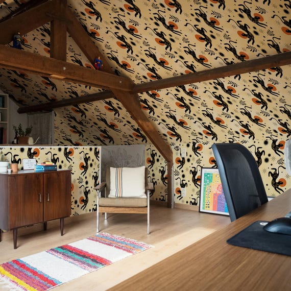 Boho Leopard Cat Wallpaper - Playful Exotic Animal Print Home Decor for Living Room & Bedroom Wall Art